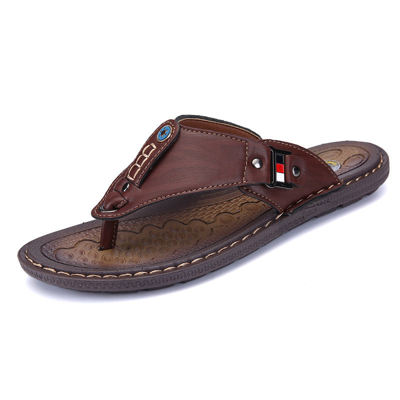 Men's Leather Flip Flops Flat Flip Flops Beach Sandals
