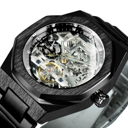 Tourbillion Mechanical Watch for Men Automatic Steel Strap Skeleton