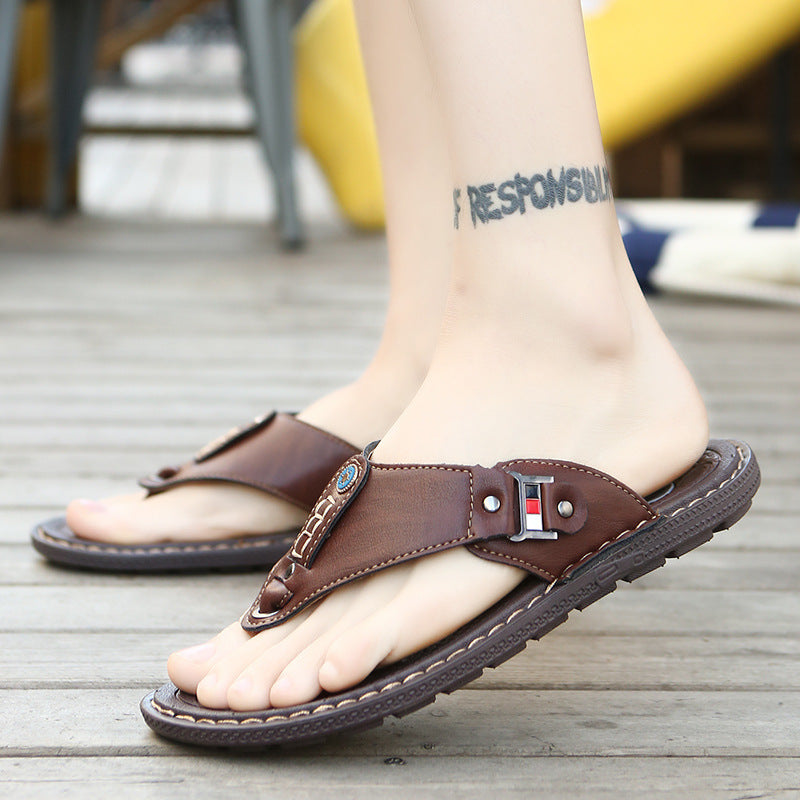 Men's Leather Flip Flops Flat Flip Flops Beach Sandals