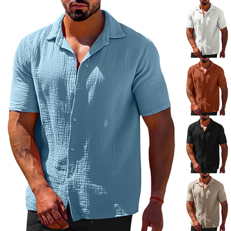 Solid Color Short Sleeve Button Men's Linen Shirts