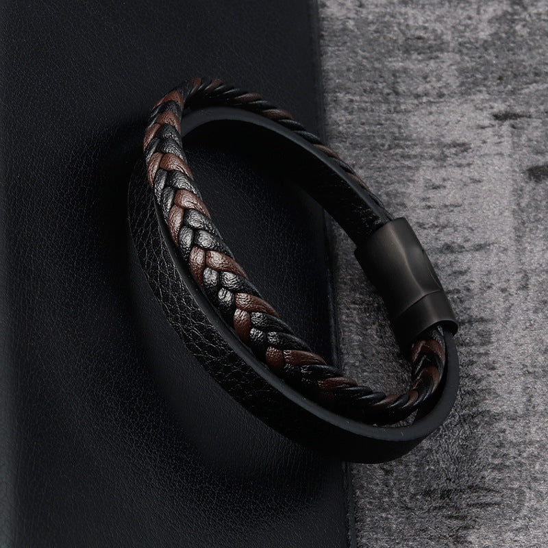 Leather Cord Stainless Steel Braided Bracelet Black Men