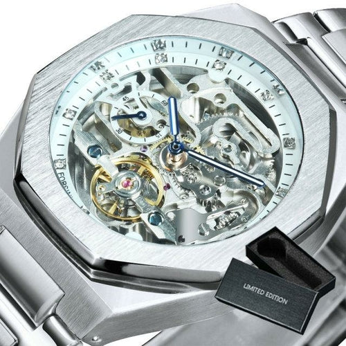 Tourbillion Mechanical Watch for Men Automatic Steel Strap Skeleton