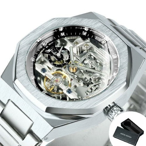 Tourbillion Mechanical Watch for Men Automatic Steel Strap Skeleton