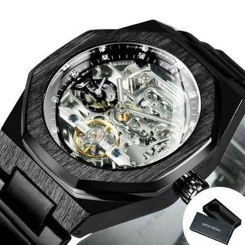 Tourbillion Mechanical Watch for Men Automatic Steel Strap Skeleton